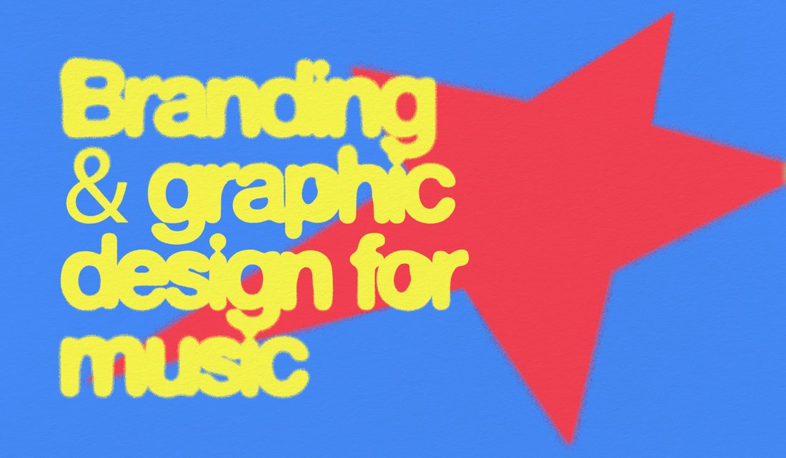 Business card front: Branding and graphic design for music, yellow type over a red star on blue
