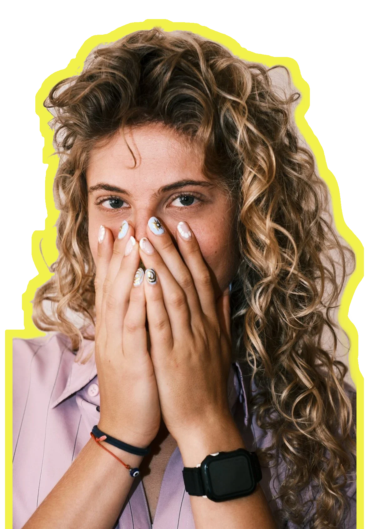 Abigail Lichtenstein covering her face with her hands, cut out like a sticker